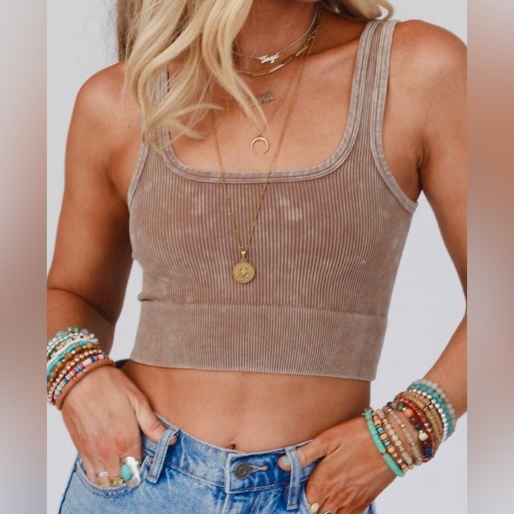 NWT Washed Mocha Ribbed Square Neck Bralette Brami Crop Top Tank - Picture 7 of 7